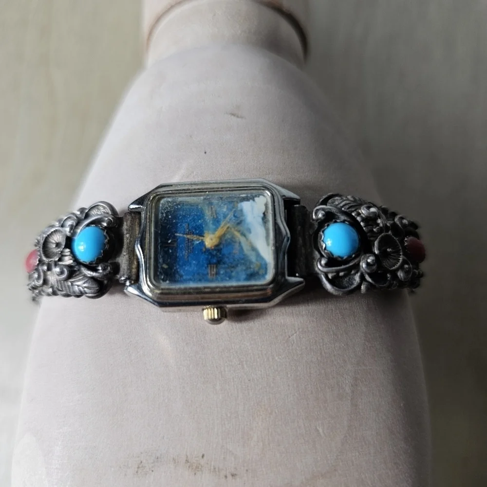 Navajo Sterling Silver STC Skyway Trading Co Turquoise/ Coral Native Runs